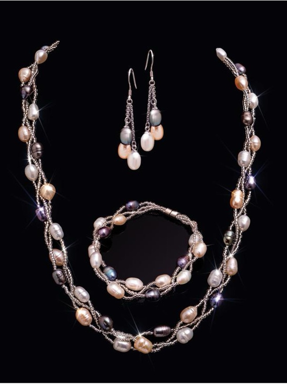 NIB Stauer Pearl Trifecta Necklace, Bracelet & Earrings Set